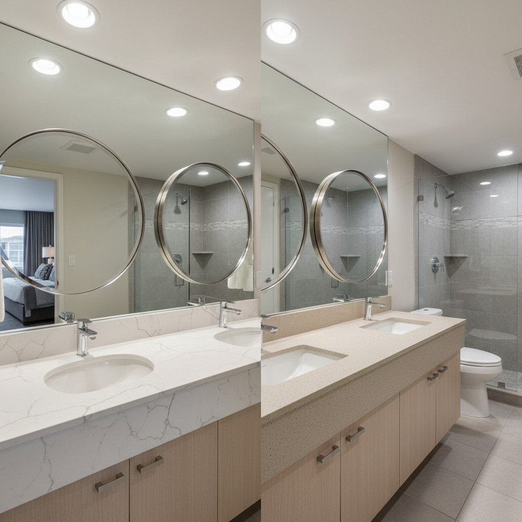 Cultured marble vanity top with integrated sink and faucet, contrasting with a solid surface countertop sample, highlighting differences for B2B buyers.