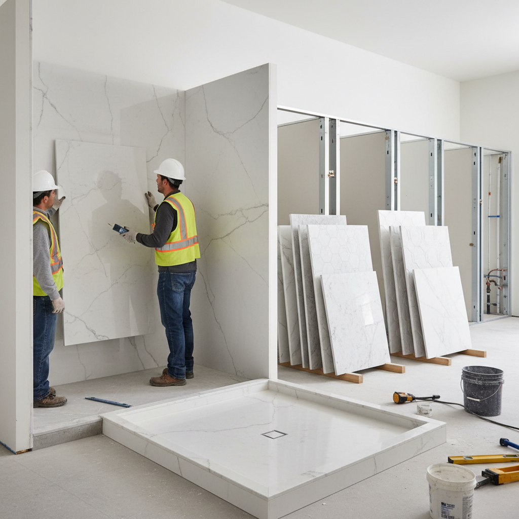 Elegant cultured marble shower system showcasing various panel and pan options for B2B hotel and property buyers.