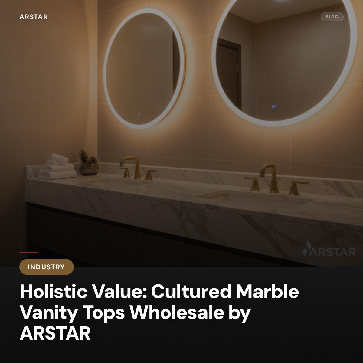 ARSTAR's cultured marble vanity tops display, ideal for wholesale commercial bathrooms & hospitality solutions.