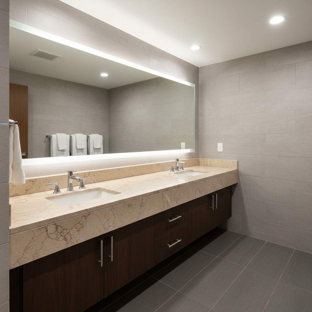 B2B cultured marble vanity tops, wholesale supplier. Streamline commercial bathroom & hotel renovation projects.