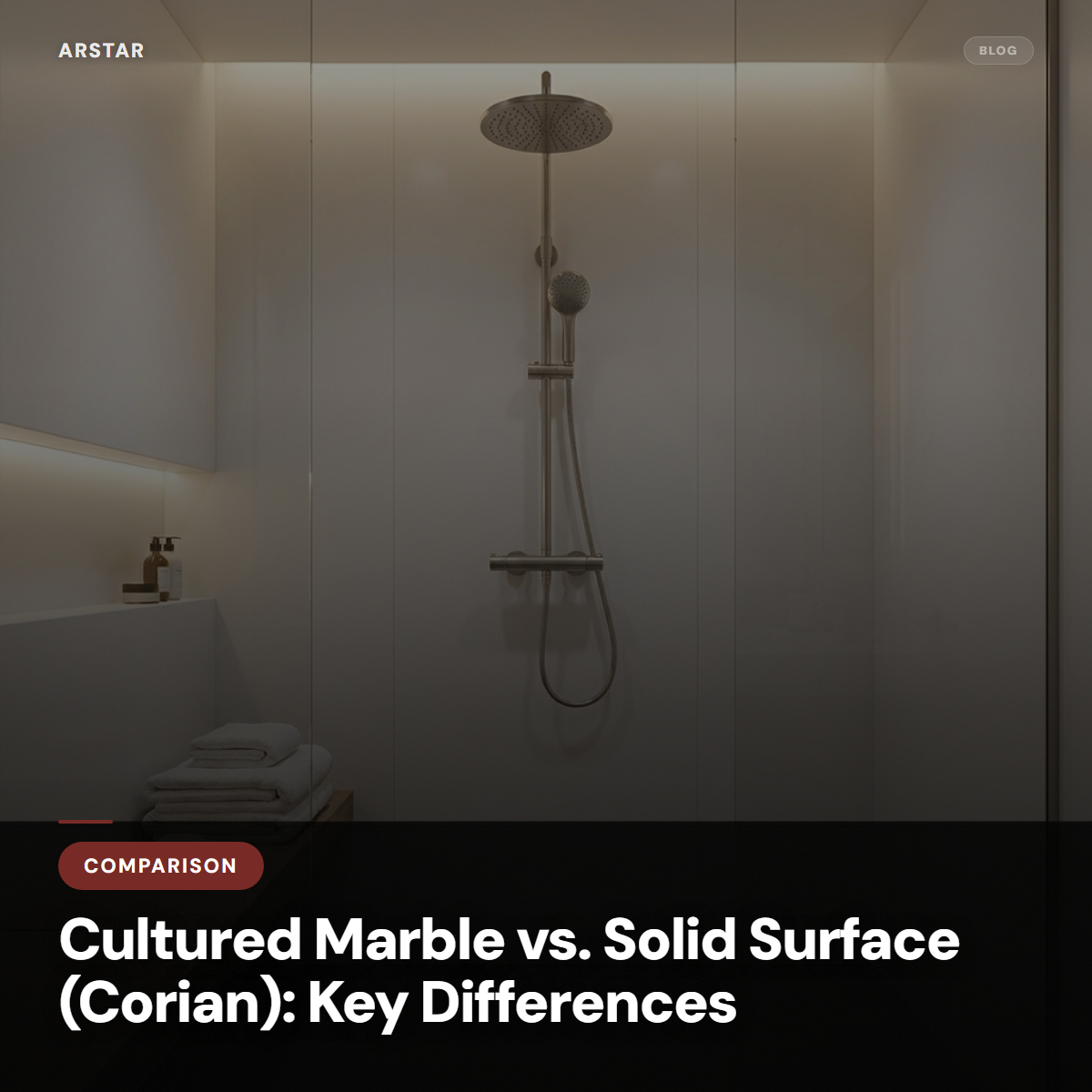 Cultured marble vanity top with integrated sink and faucet, contrasting with a solid surface countertop sample, highlighting differences for B2B buyers.