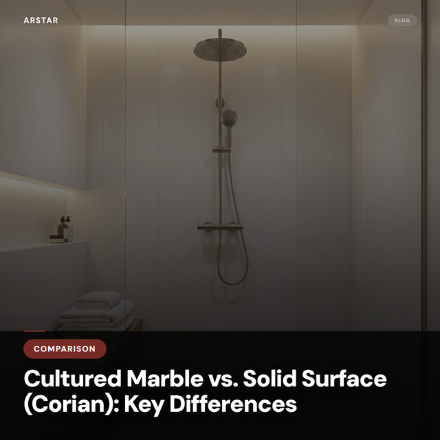 Cultured marble vanity top with integrated sink and faucet, contrasting with a solid surface countertop sample, highlighting differences for B2B buyers.