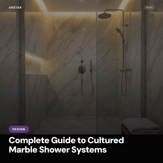 Elegant cultured marble shower system showcasing various panel and pan options for B2B hotel and property buyers.