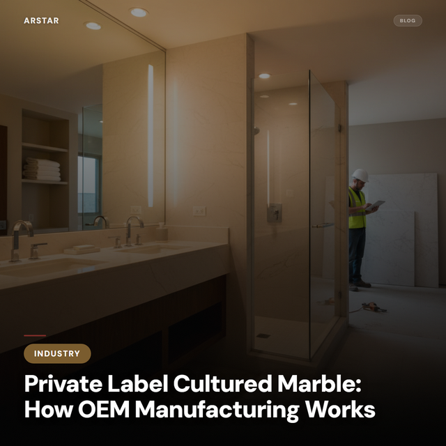 Cultured marble private label manufacturing with custom branding for B2B hotel, contractor, and property buyers.