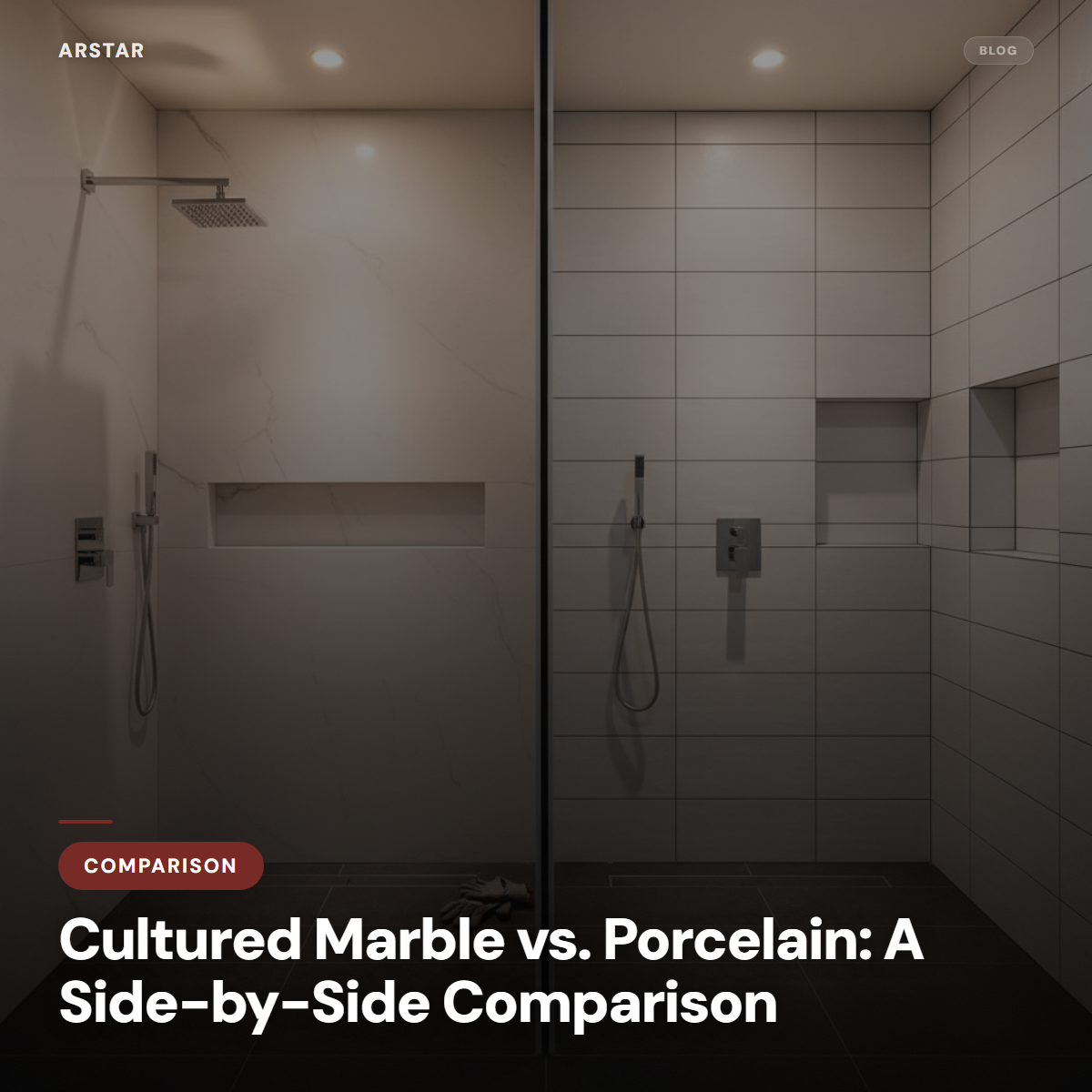 Cultured marble shower panels next to porcelain tile, highlighting key differences for B2B buyers like hotel owners.
