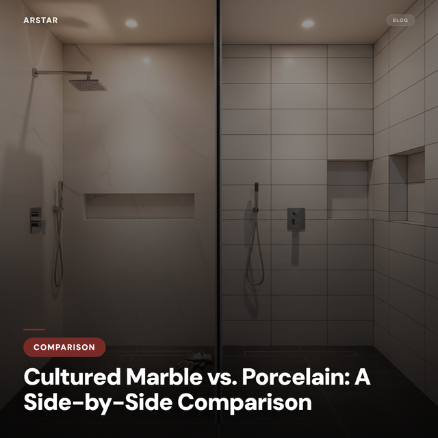 Cultured marble shower panels next to porcelain tile, highlighting key differences for B2B buyers like hotel owners.