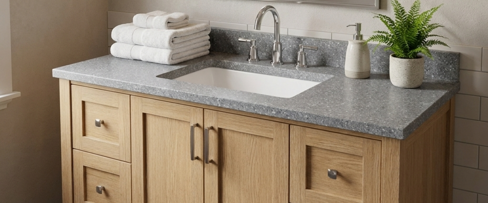 ARSTAR's cultured marble vanity tops display, ideal for wholesale commercial bathrooms & hospitality solutions.