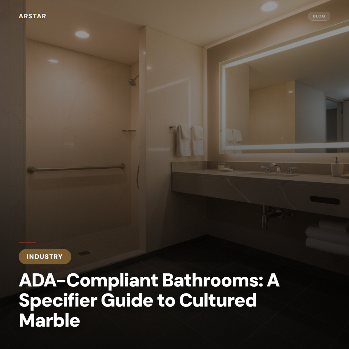 Cultured marble ADA-compliant bathroom featuring a roll-in shower, grab bars, and accessible vanity for B2B buyers