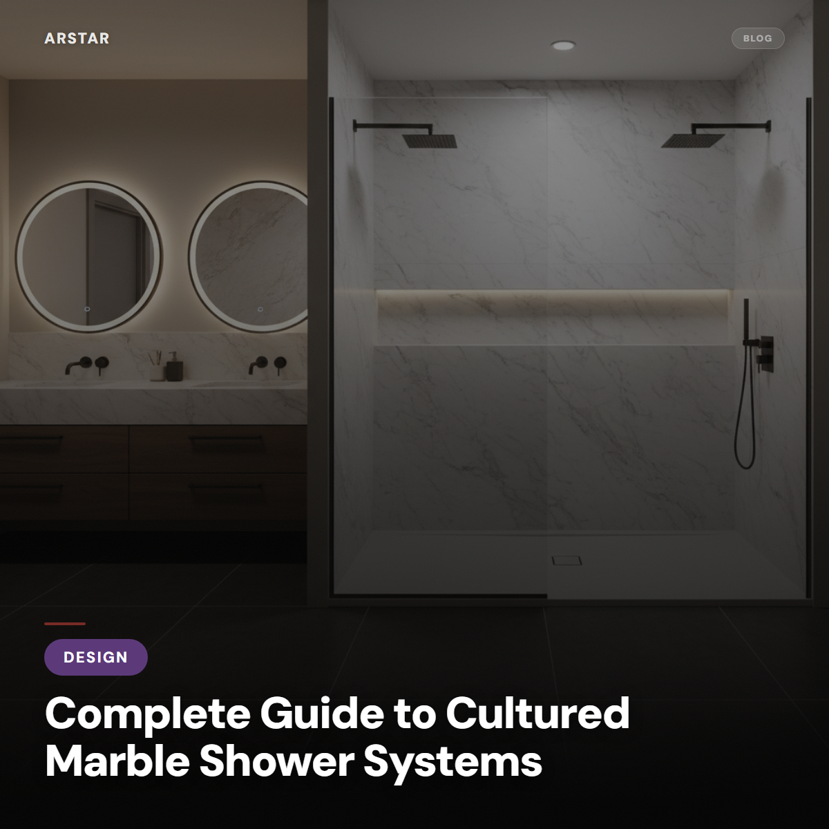 Elegant cultured marble shower system showcasing various panel and pan options for B2B hotel and property buyers.