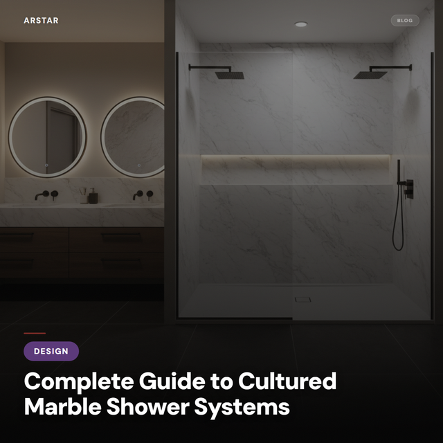 Elegant cultured marble shower system showcasing various panel and pan options for B2B hotel and property buyers.