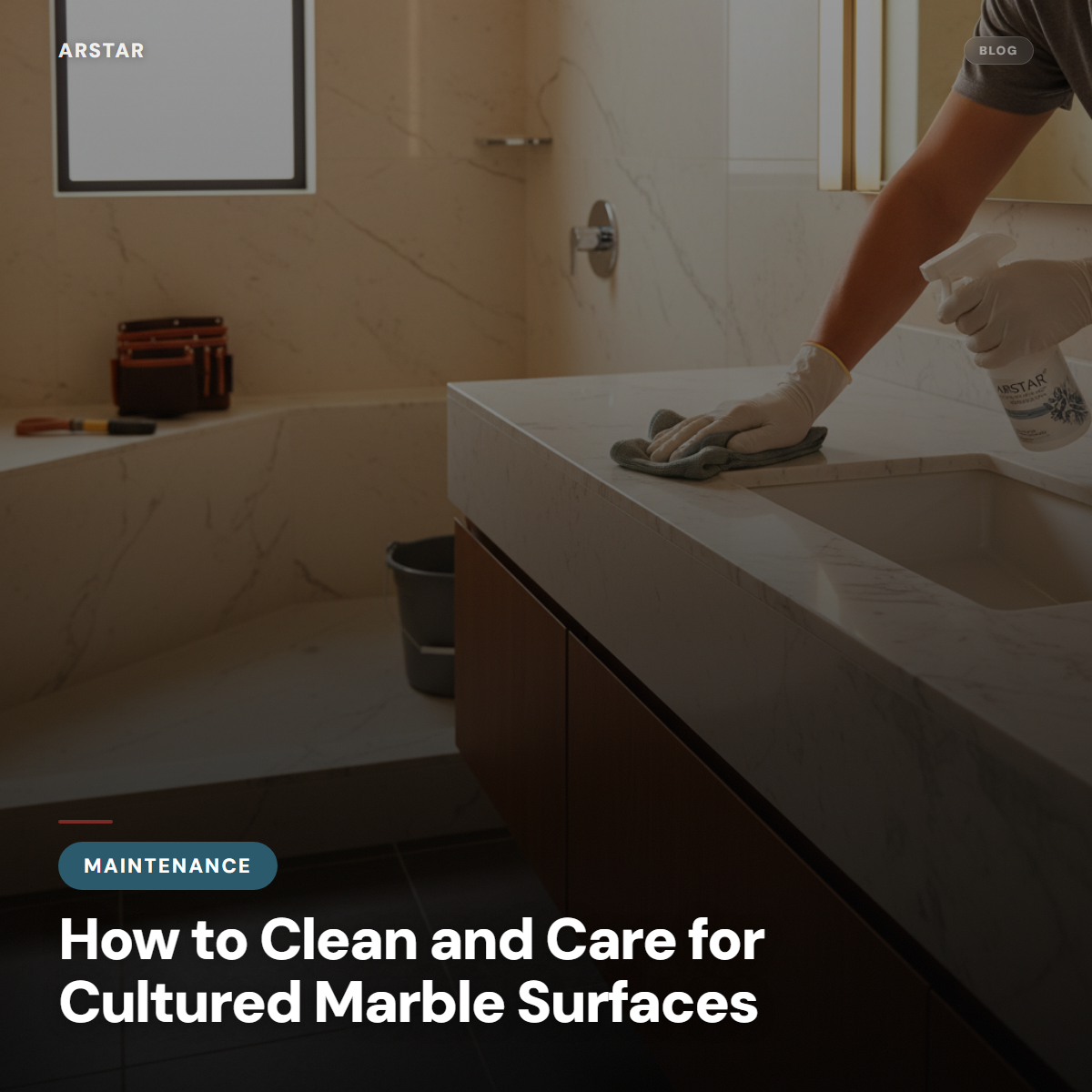 Cultured marble bathroom vanity top and shower panels being cleaned, showcasing easy maintenance for B2B properties.