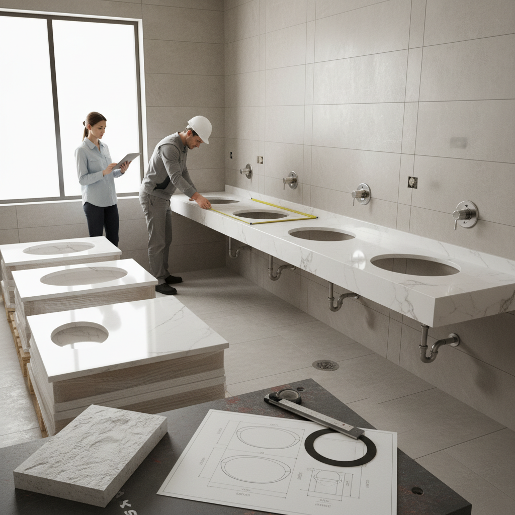 Cultured marble vanity top measurement guide for hotel owners, contractors, and property managers ensuring perfect fit.