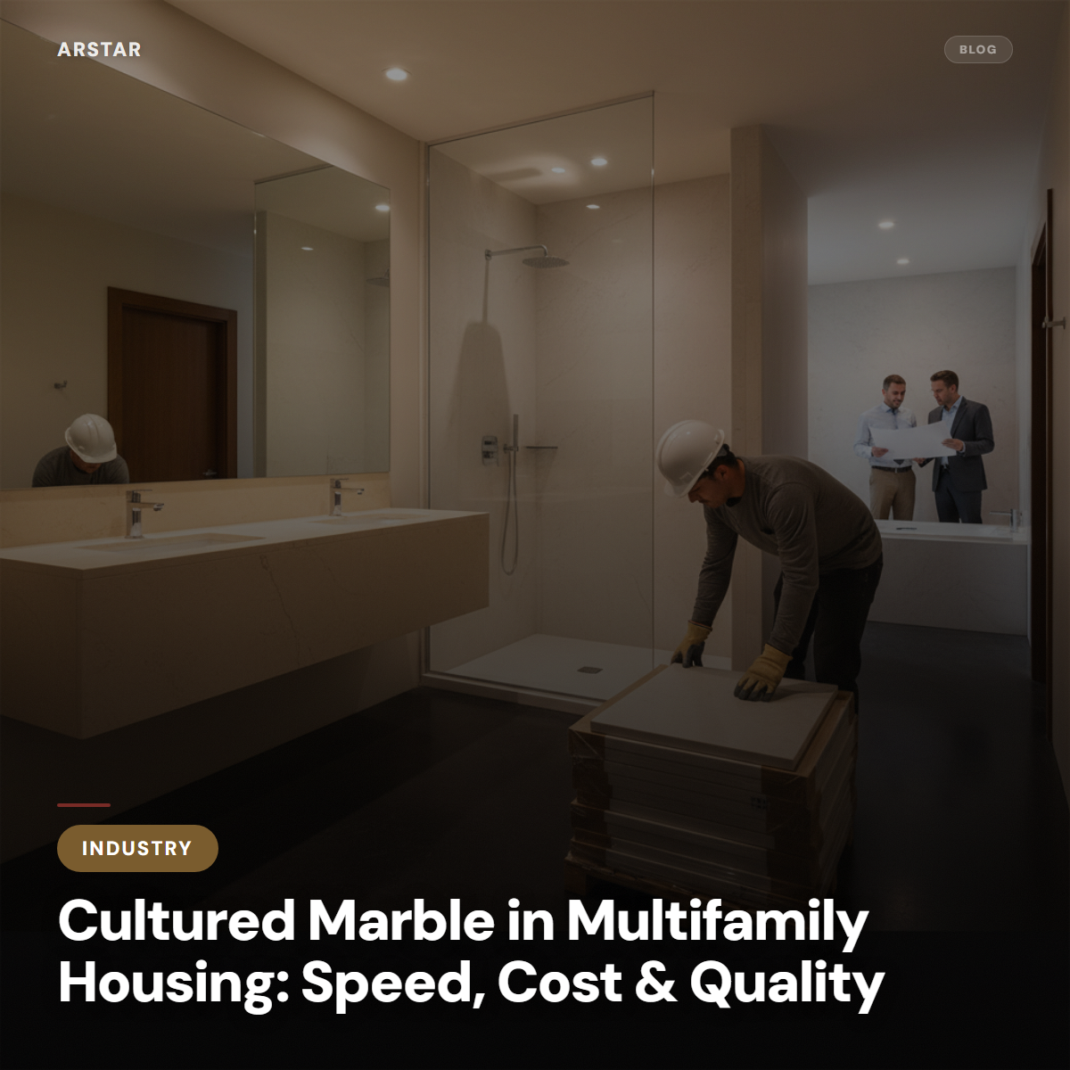 Cultured marble shower surrounds and vanity tops in a modern multifamily bathroom, highlighting durable and cost-effective solutions for property managers.