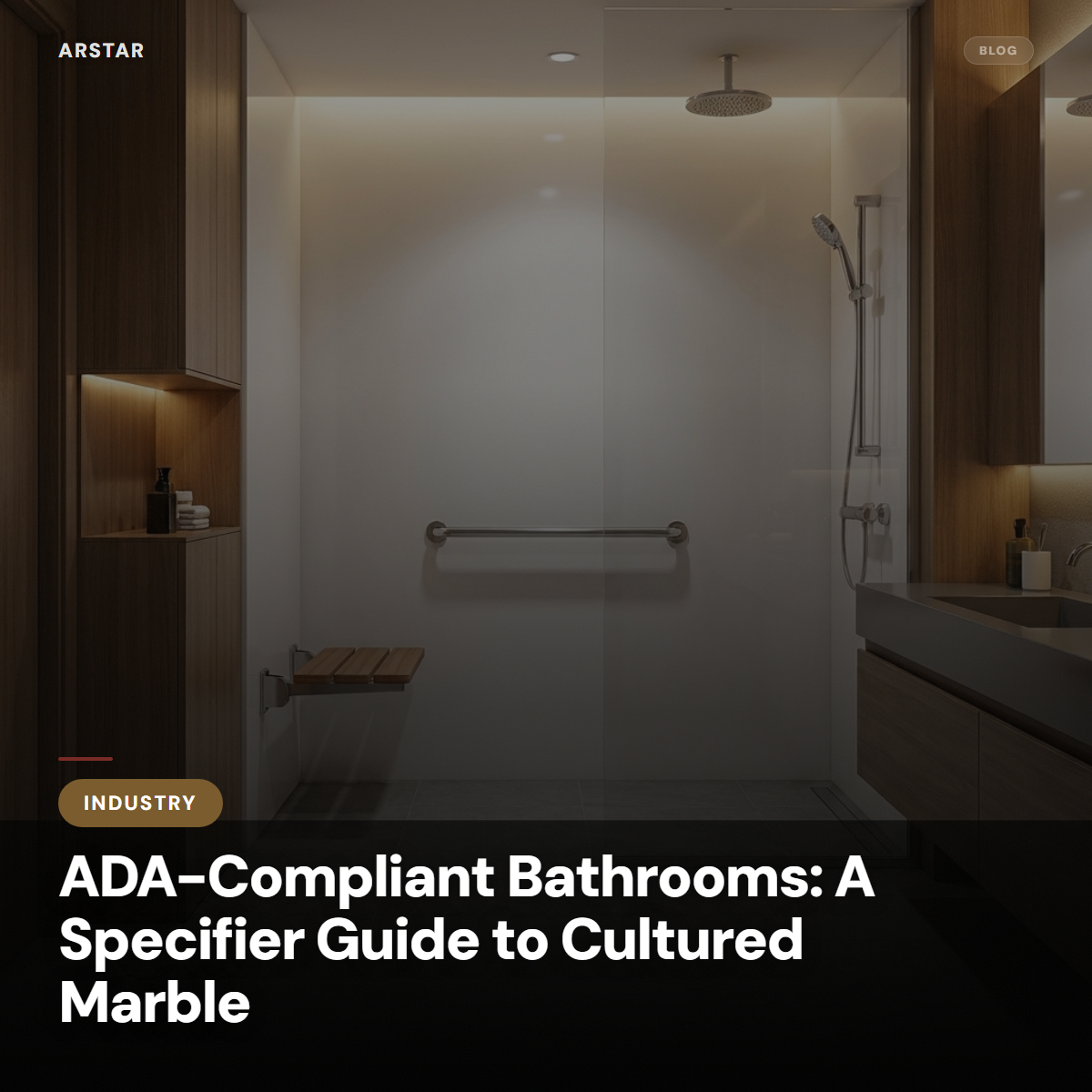 Cultured marble ADA-compliant bathroom featuring a roll-in shower, grab bars, and accessible vanity for B2B buyers