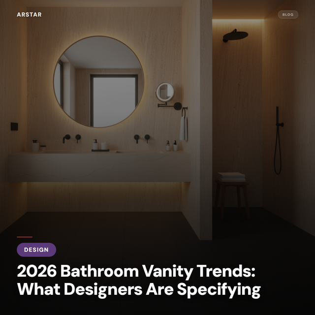 Modern bathroom with a floating cultured marble vanity in a warm tone, showcasing 2026 design trends for B2B buyers.