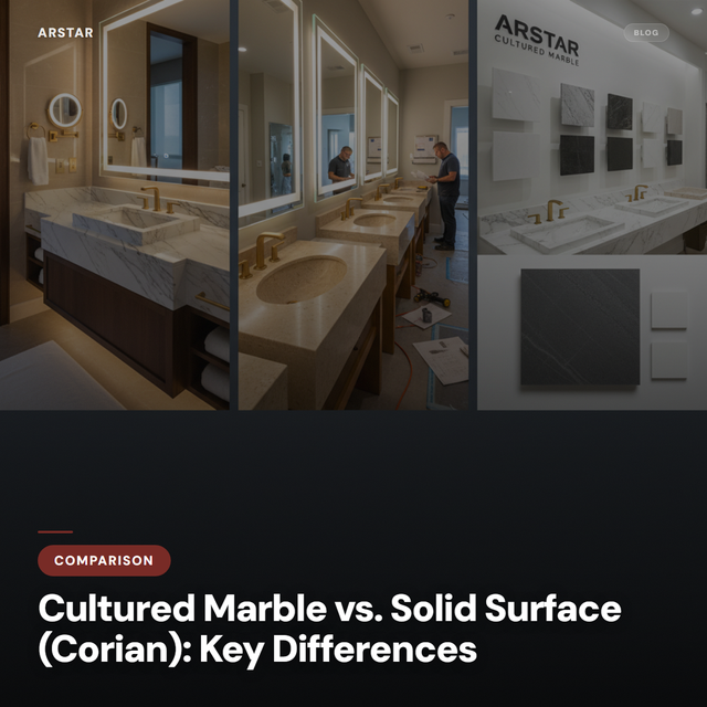Cultured marble vanity top with integrated sink and faucet, contrasting with a solid surface countertop sample, highlighting differences for B2B buyers.