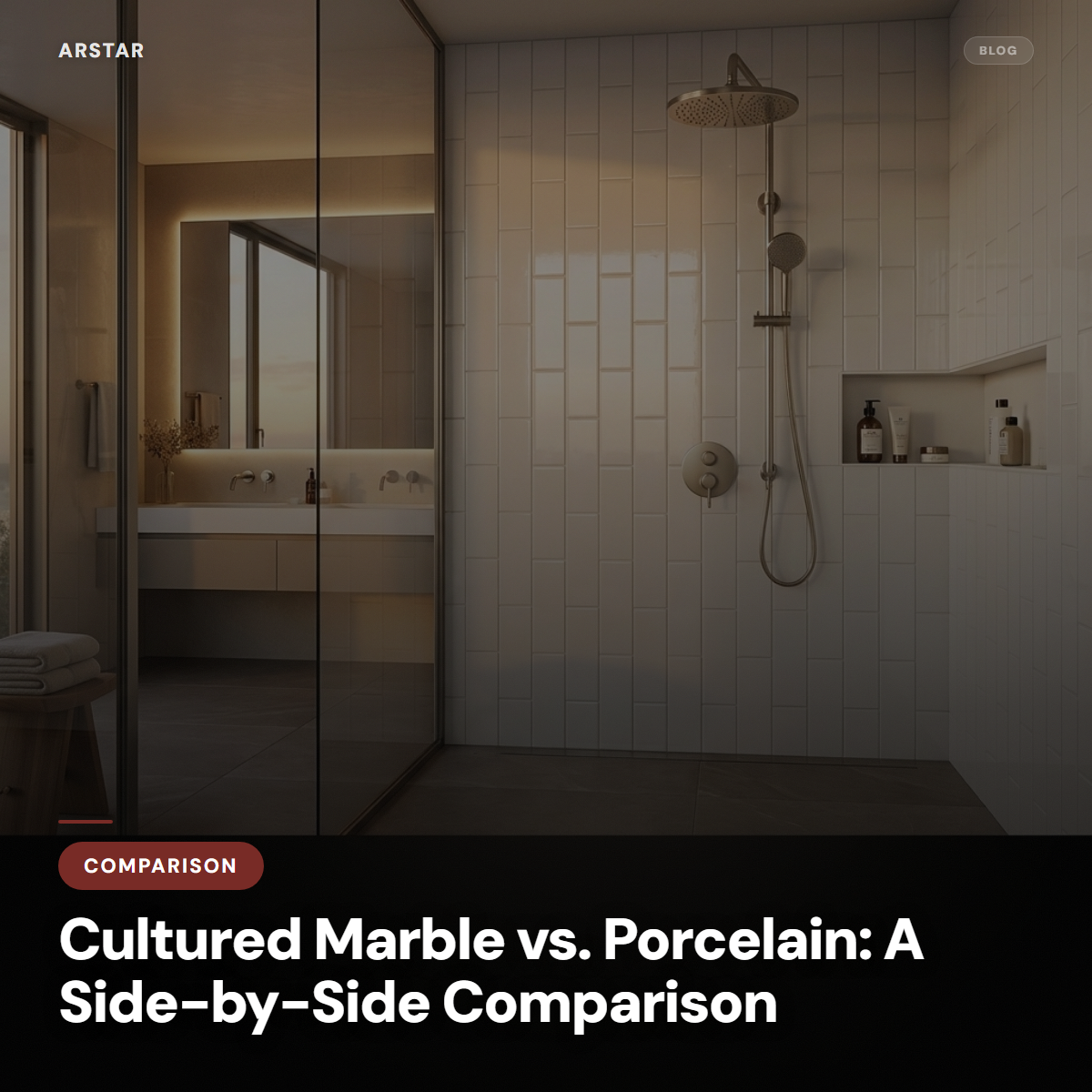 Cultured marble shower panels next to porcelain tile, highlighting key differences for B2B buyers like hotel owners.