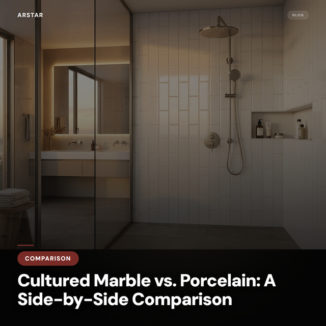 Cultured marble shower panels next to porcelain tile, highlighting key differences for B2B buyers like hotel owners.