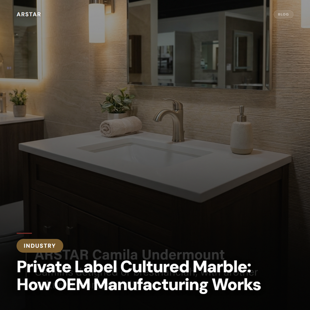 Cultured marble private label manufacturing with custom branding for B2B hotel, contractor, and property buyers.