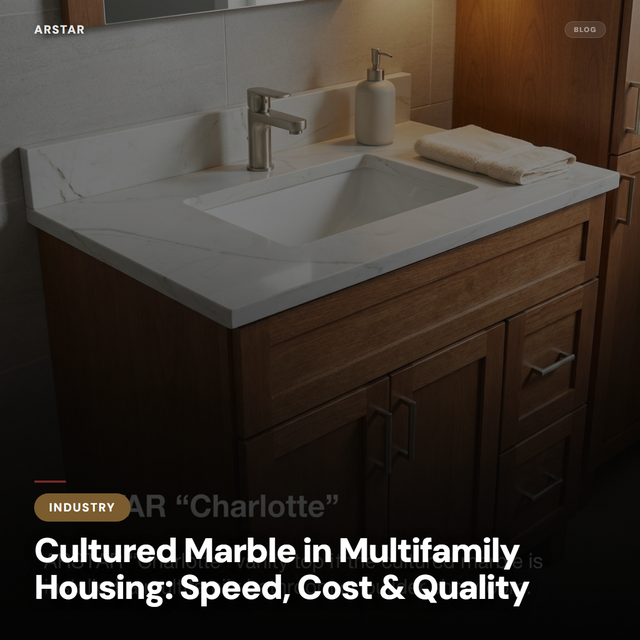 Cultured marble shower surrounds and vanity tops in a modern multifamily bathroom, highlighting durable and cost-effective solutions for property managers.