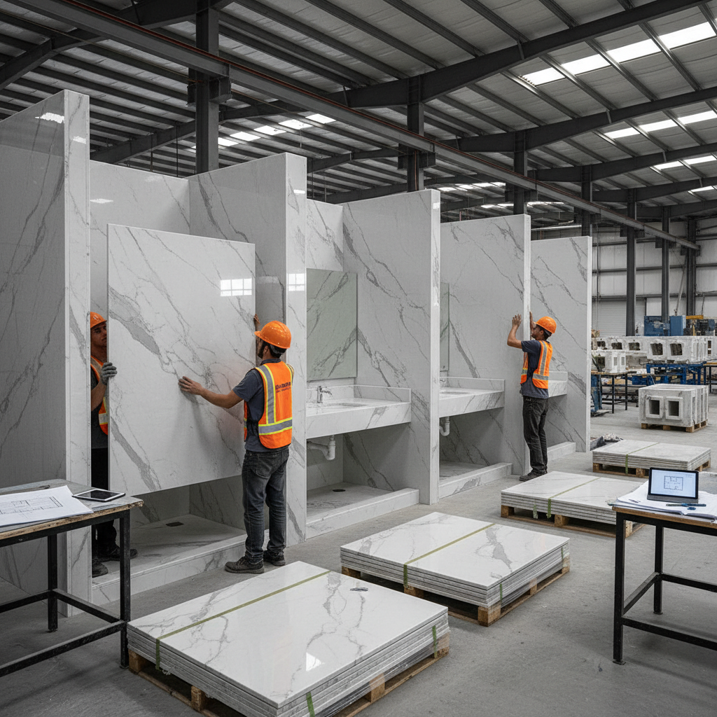 Cultured marble shower surrounds and vanity tops in a modern multifamily bathroom, highlighting durable and cost-effective solutions for property managers.