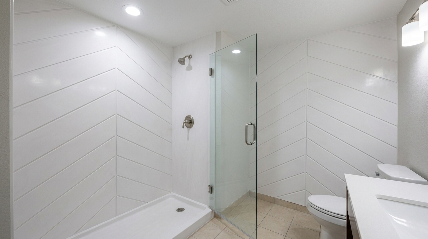 Cultured marble shower panels for hotel bathrooms. Discover OEM private label solutions for hospitality and multifamily.