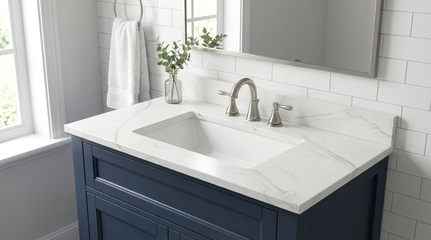 Cultured marble shower surrounds and vanity tops in a modern multifamily bathroom, highlighting durable and cost-effective solutions for property managers.