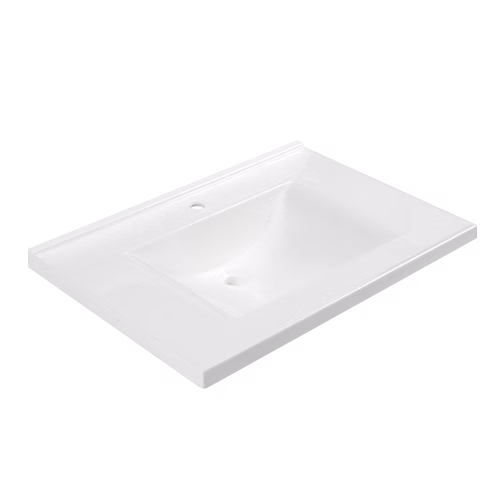 Contempo No Backsplash cultured marble vanity top — side view, white