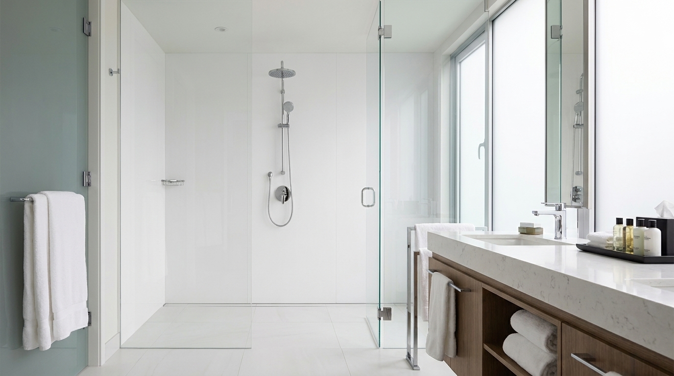 Cultured marble ADA-compliant bathroom featuring a roll-in shower, grab bars, and accessible vanity for B2B buyers