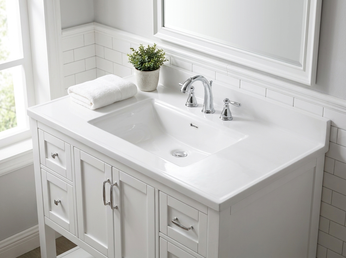 Cultured marble vanity top measurement guide for hotel owners, contractors, and property managers ensuring perfect fit.