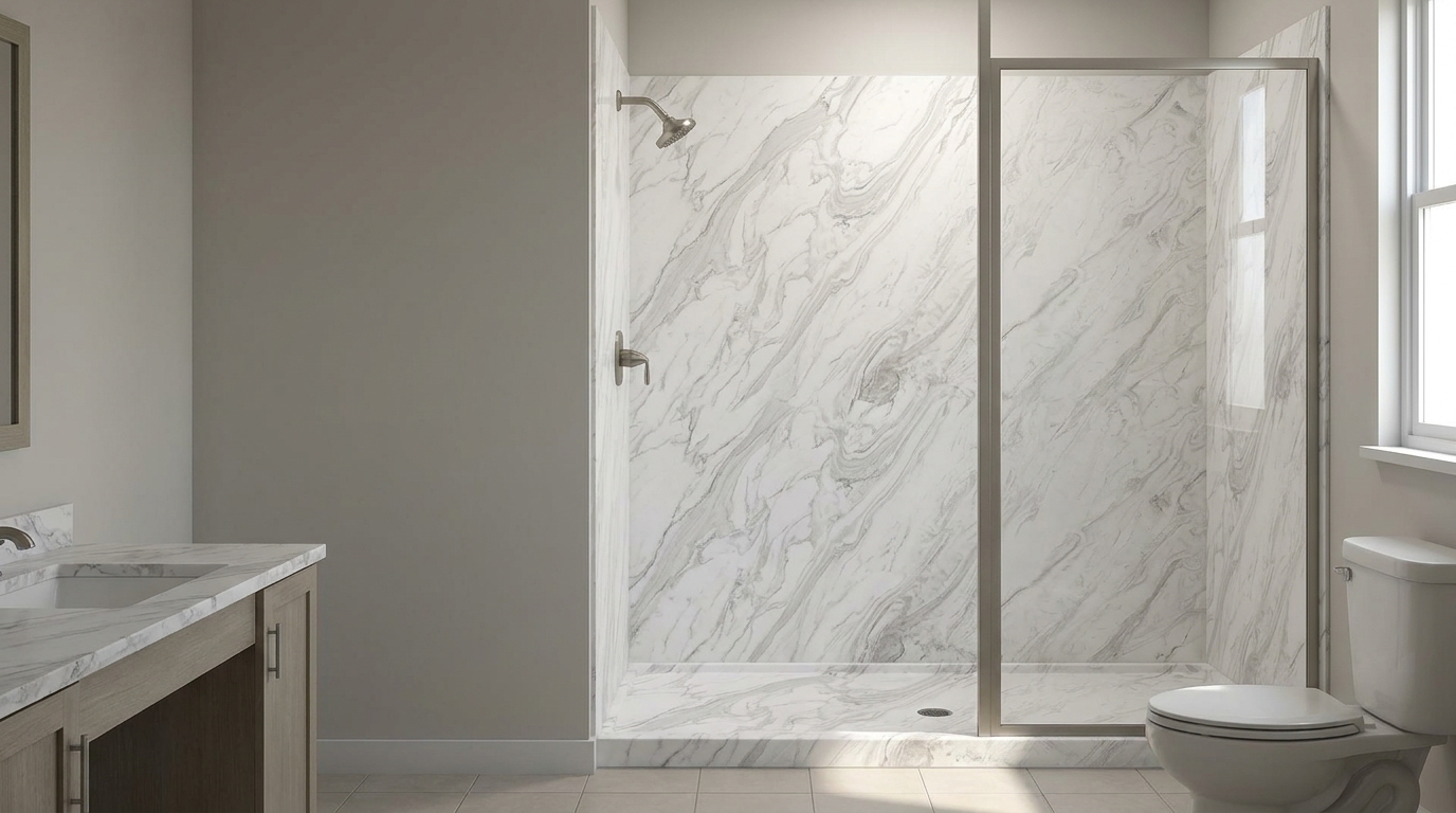 B2B cultured marble shower walls for multifamily. Offers low maintenance, strategic lead times & phased delivery.