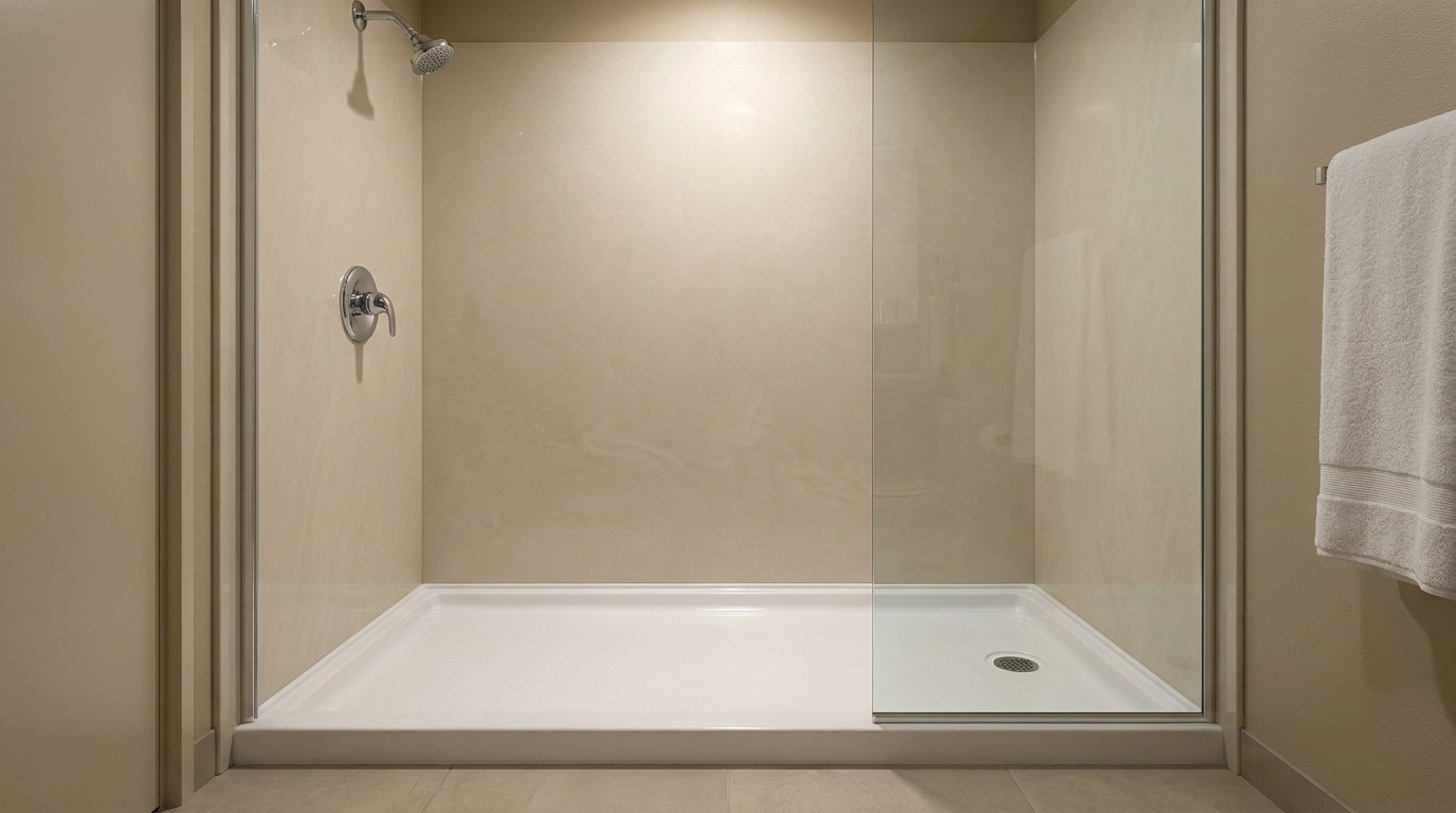 Cultured marble curbless shower pans for hotel renovation, boosting housekeeping efficiency and reducing maintenance costs.