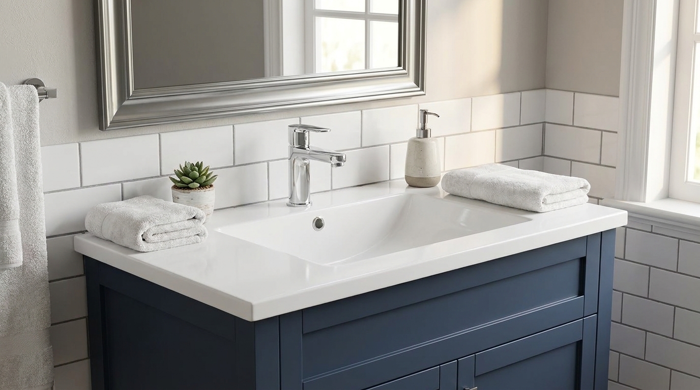 Cultured marble vanity tops optimized for cabinet manufacturers. B2B solutions for efficient bathroom design.
