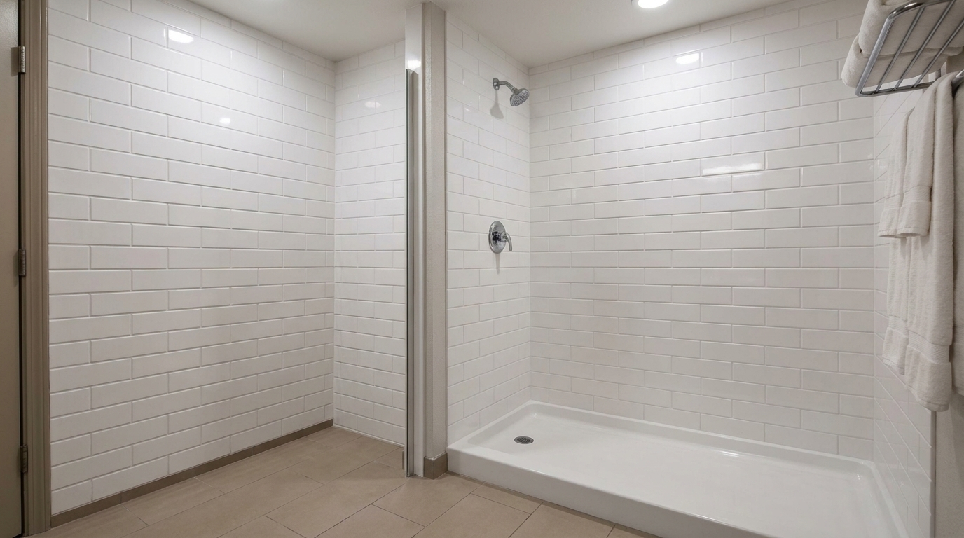 Cultured marble Brick 3x6 shower panels for hotel bathroom renovations. Perfect B2B solution for hospitality projects.