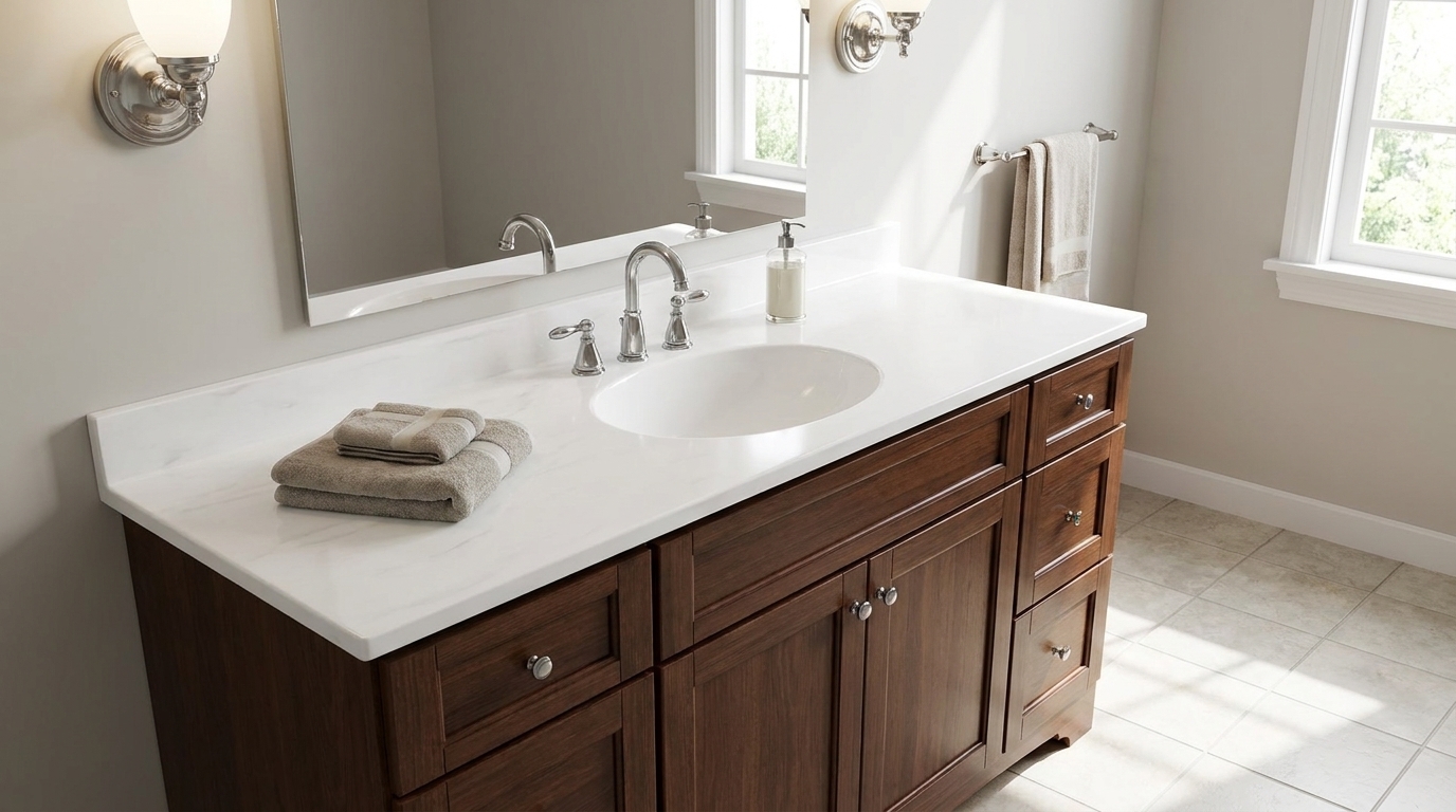 Custom cultured marble vanity tops for wholesale B2B buyers in commercial design and hotel renovation projects.
