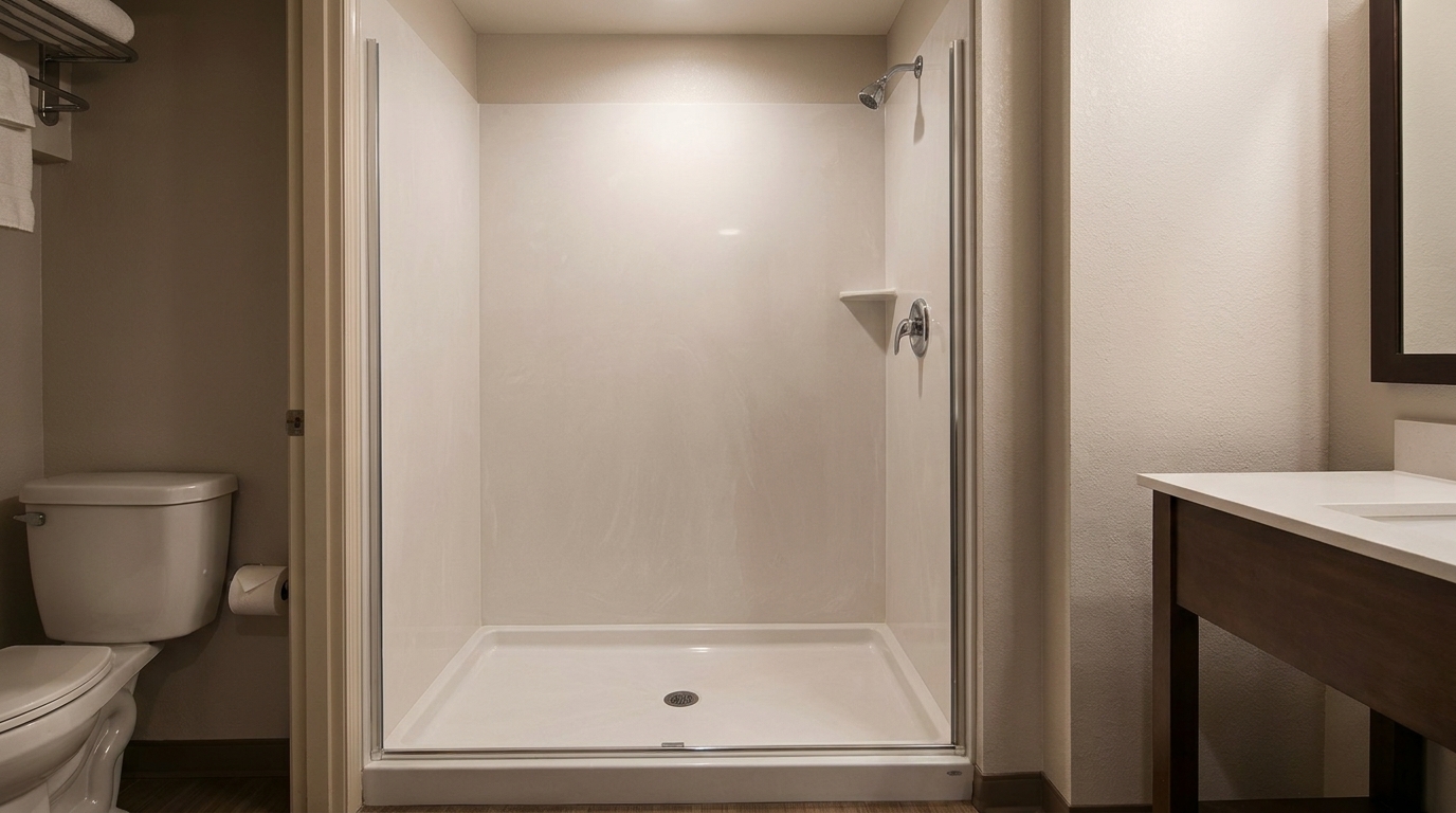 36x36 cultured marble shower pan. Compact center drain design for hospitality, hotel, and multifamily renovations.
