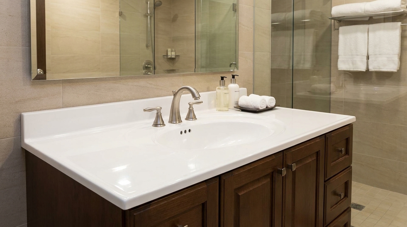 Cultured marble vanity tops for multifamily construction, optimizing installation & reducing labor costs for B2B buyers.