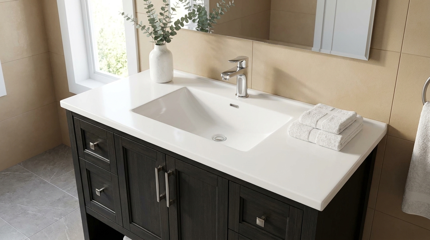 Cultured marble vanity tops wholesale for B2B commercial projects. Essential for architects specifying hotel bathrooms.