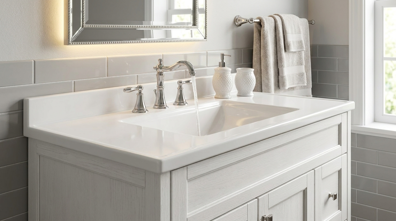 Elegant cultured marble vanity top in a hotel bathroom, highlighting durability and modern design for B2B buyers.
