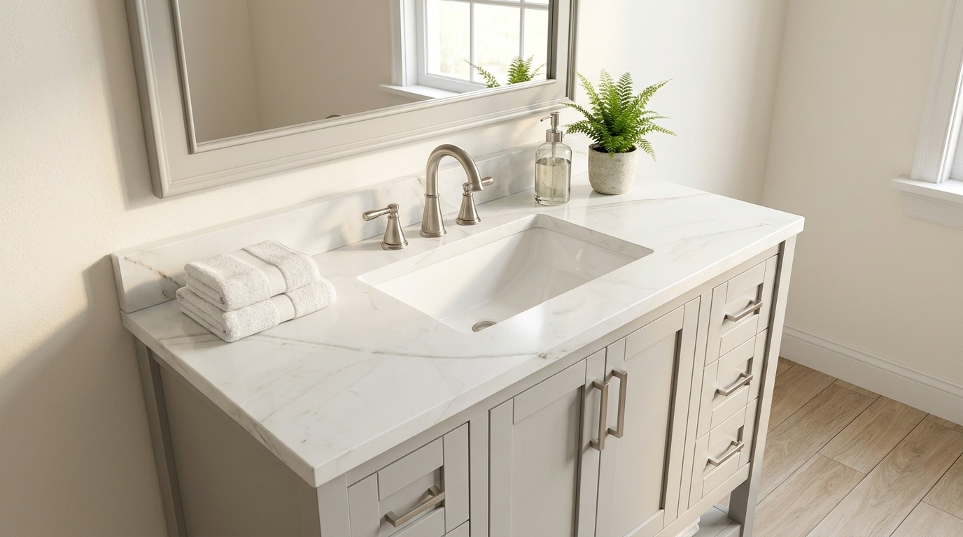Cultured marble shower, vanity, and tub surround in a modern hotel bathroom, highlighting durability for B2B buyers.