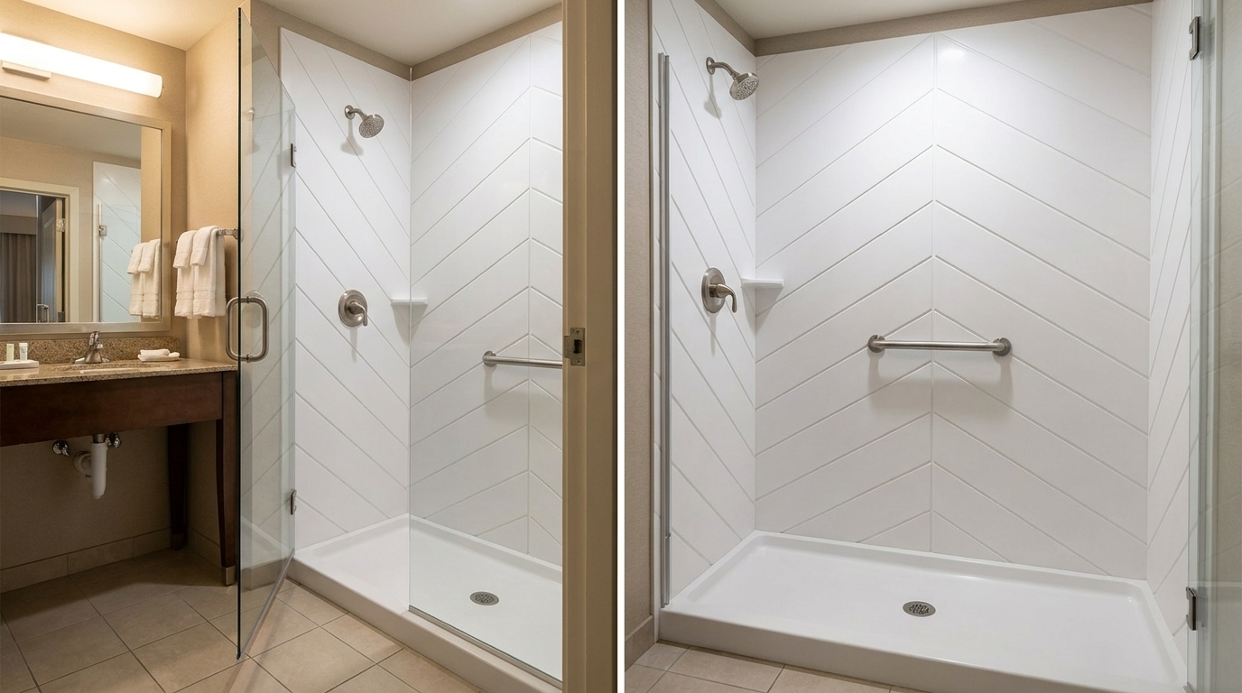 ARSTAR cultured marble shower panels for hotels & multifamily. Cut installation time versus tile.