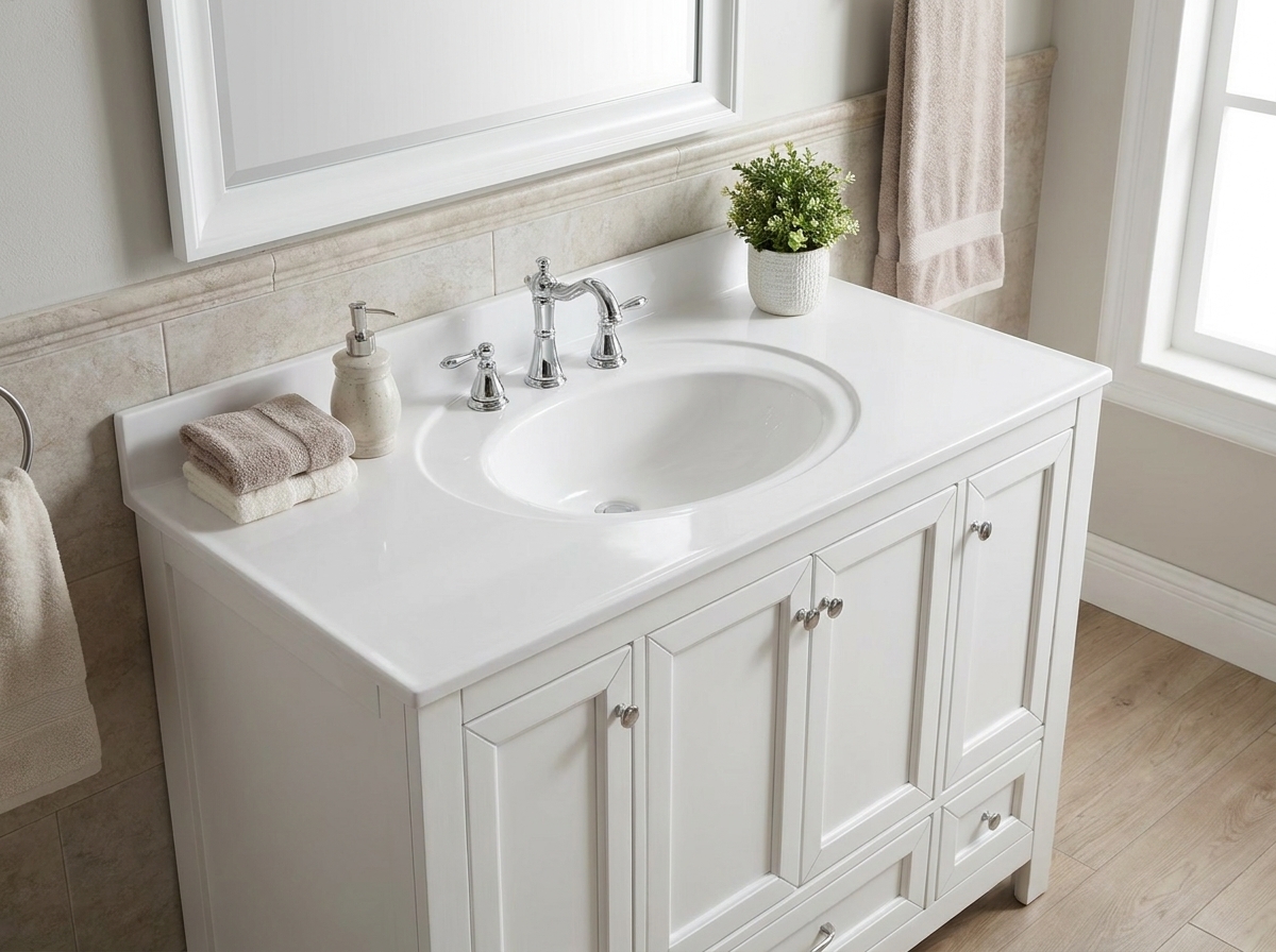 B2B cultured marble vanity tops, wholesale supplier. Streamline commercial bathroom & hotel renovation projects.