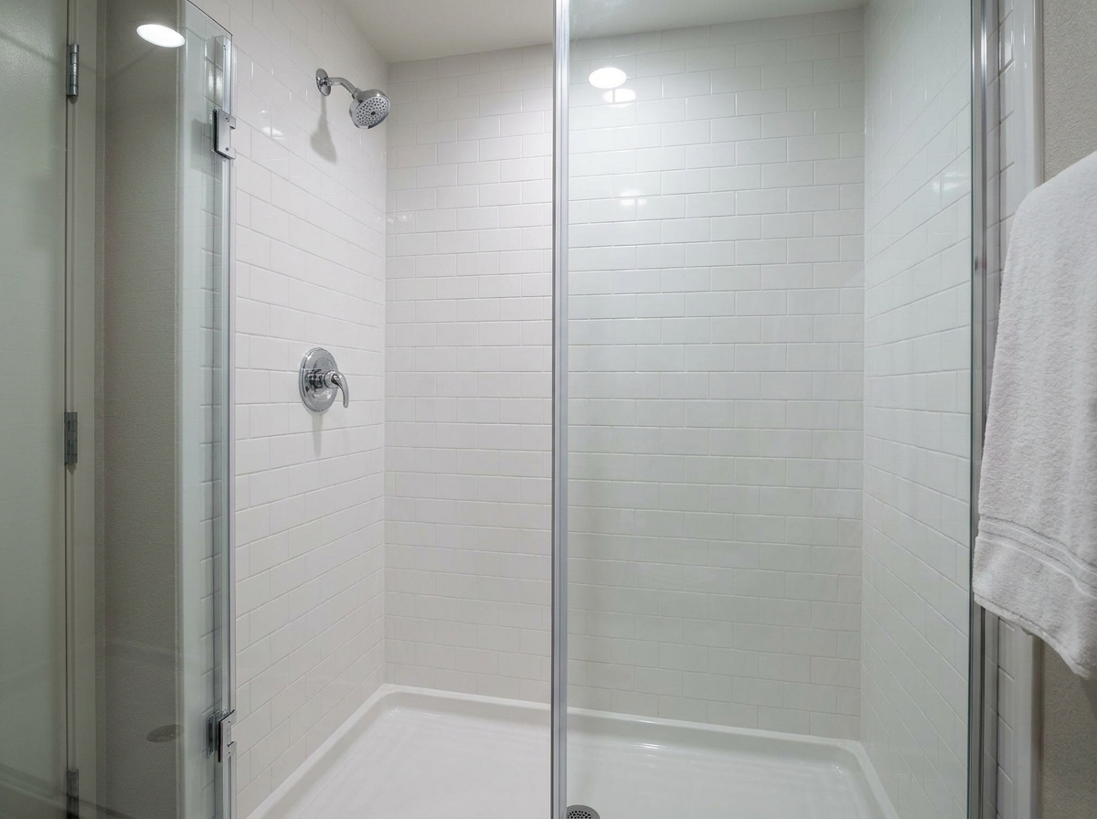 Visualizing consistent cultured marble shower panel colors, crucial for B2B hotel renovation and hospitality procurement.