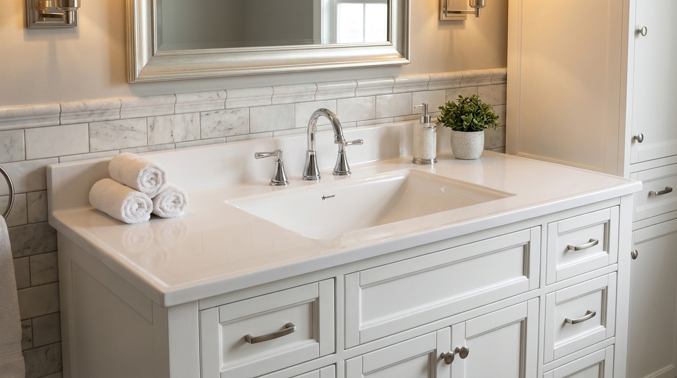 Cultured marble small bathroom vanity with integral bowl, maximizing space for B2B hotel and property buyers