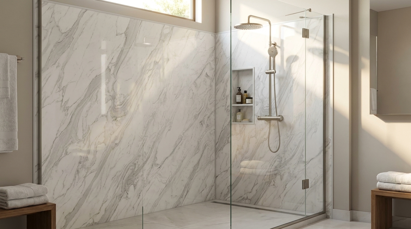 Elegant cultured marble shower system showcasing various panel and pan options for B2B hotel and property buyers.