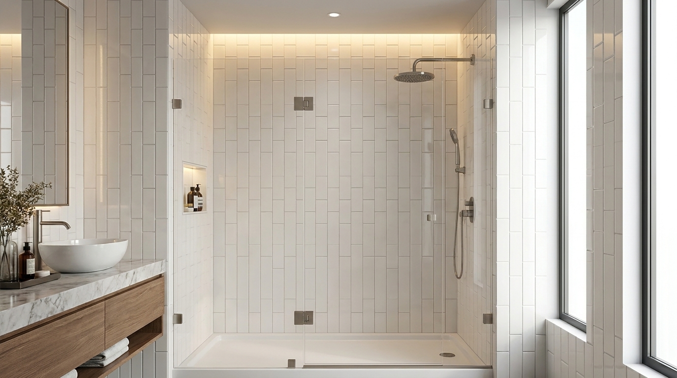 Cultured marble shower panels next to porcelain tile, highlighting key differences for B2B buyers like hotel owners.