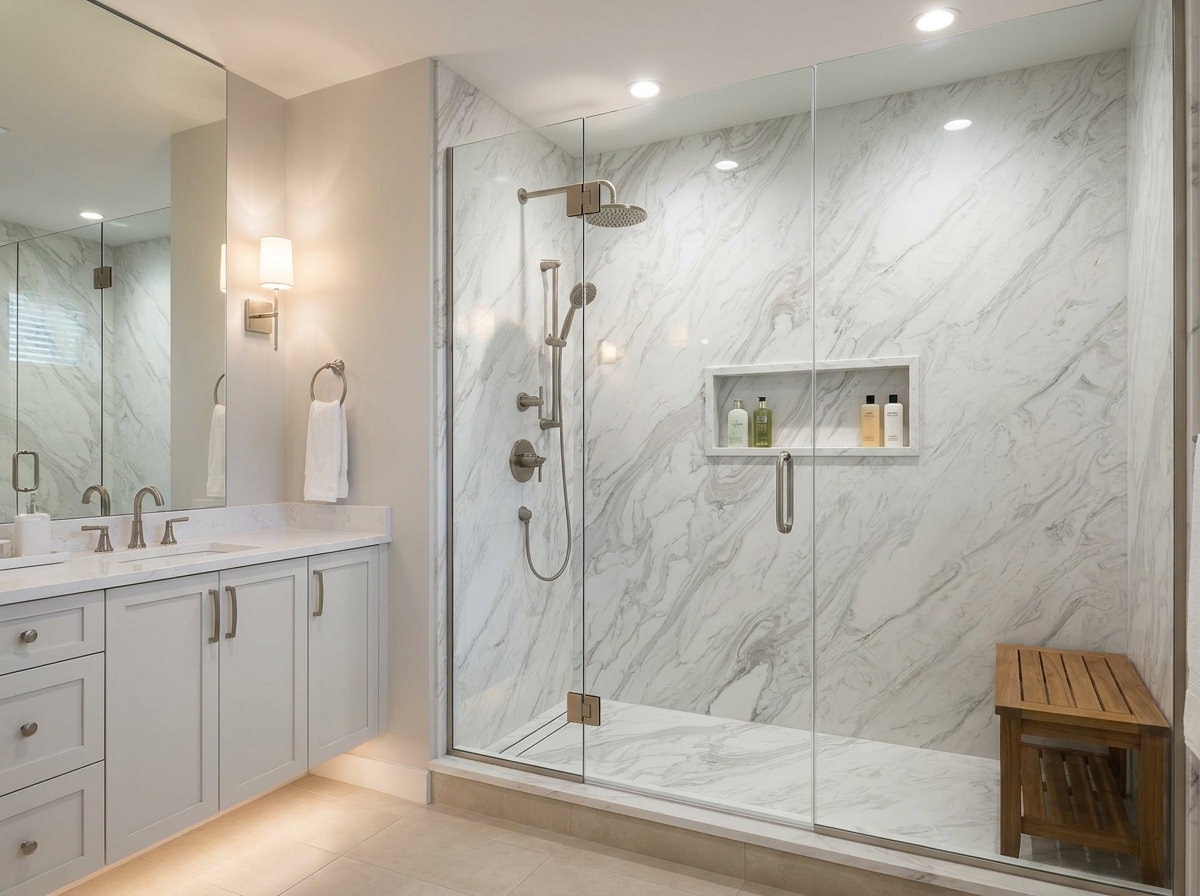 Modern bathroom with a floating cultured marble vanity in a warm tone, showcasing 2026 design trends for B2B buyers.