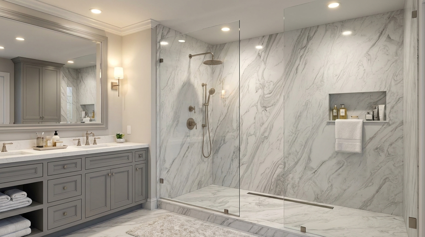 Cultured marble bathroom vanity top and shower panels being cleaned, showcasing easy maintenance for B2B properties.