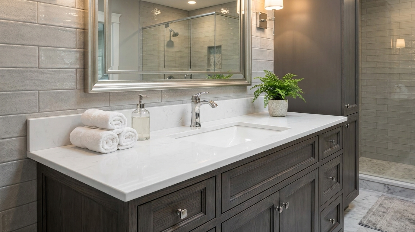 Cultured marble vanity tops ready for wholesale. Ideal for B2B commercial and hospitality renovation projects.