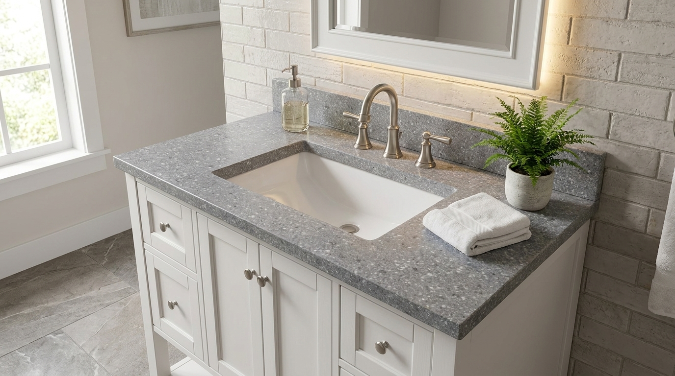 ARSTAR's cultured marble vanity tops display, ideal for wholesale commercial bathrooms & hospitality solutions.